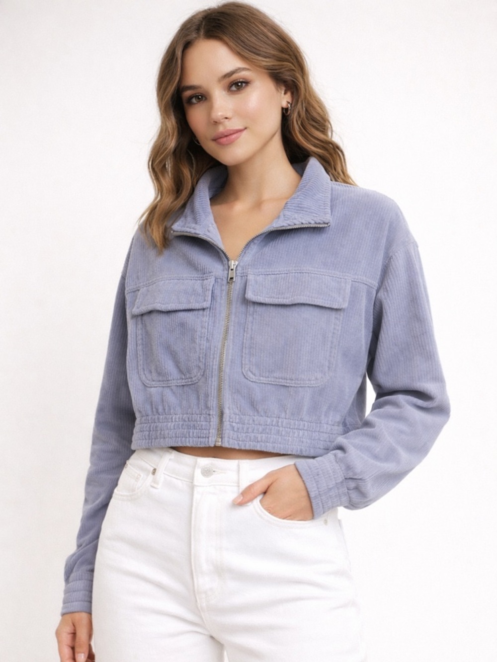 Aerie Cropped Corduroy Zip Jacket in Light Blue XS